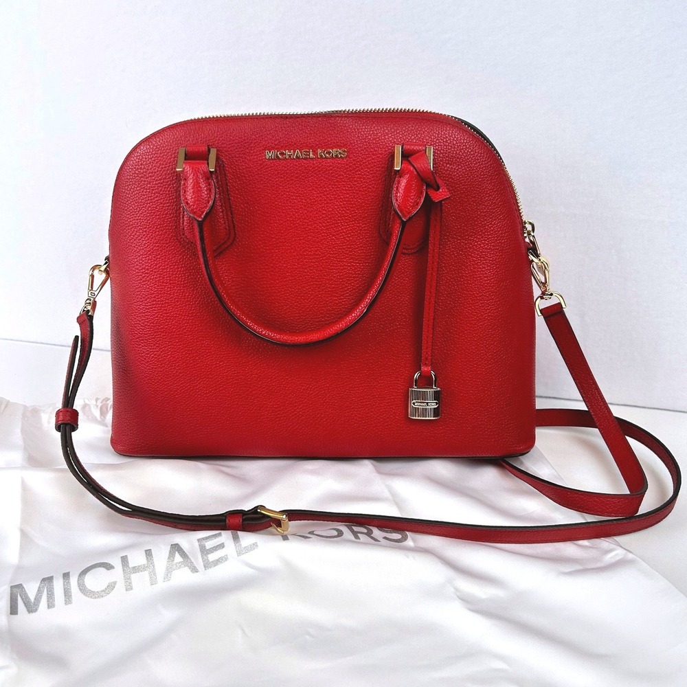 Michael Kors Scarlet Pebbled Leather Dome Satchel Crossbody‎ Bag Gold Hardware